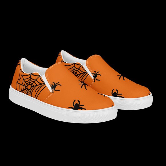 women's slip-on spider canvas shoes orange & black Halloween  fall spiderweb - Picture 11 of 14
